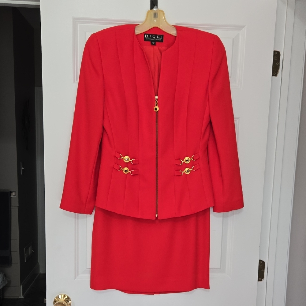 Chic Red Jacket and Skirt Suit with Gold Details